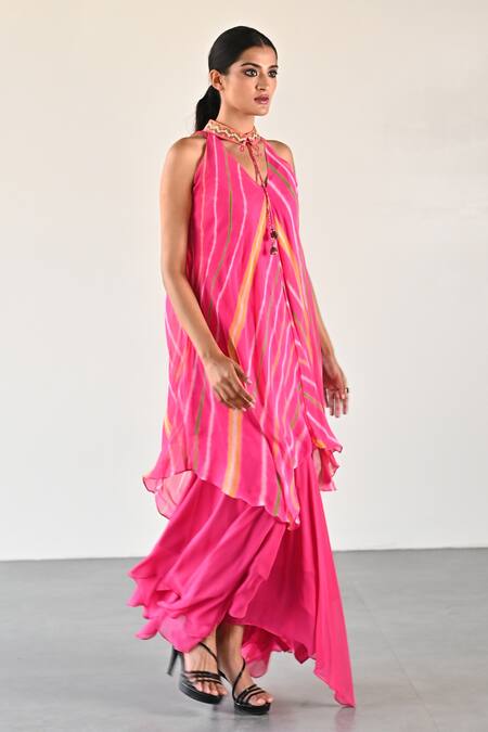 Buy_K-Anshika_Pink Georgette Beads, Sequins Keyhole Stripe Pattern Top And Handkerchief Pant Set _Online_at_Aza_Fashions