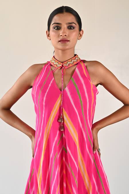 Shop_K-Anshika_Pink Georgette Beads, Sequins Keyhole Stripe Pattern Top And Handkerchief Pant Set _Online_at_Aza_Fashions