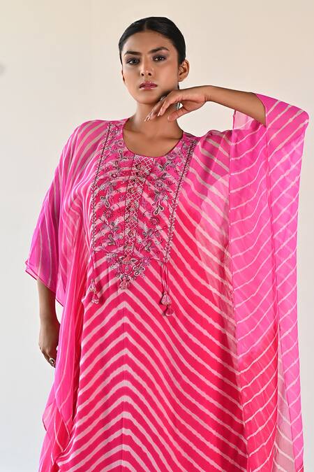 Buy_K-Anshika_Pink Georgette Leheriya Pattern And Embellished Beads Dress Floral Yoke Tunic _Online_at_Aza_Fashions