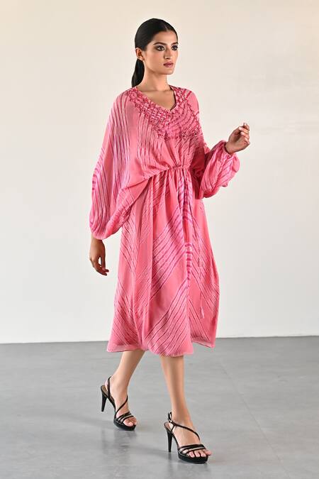 Buy_K-Anshika_Pink Georgette Beads, Sequins V-neck Wave Pattern Gathered Dress _Online_at_Aza_Fashions