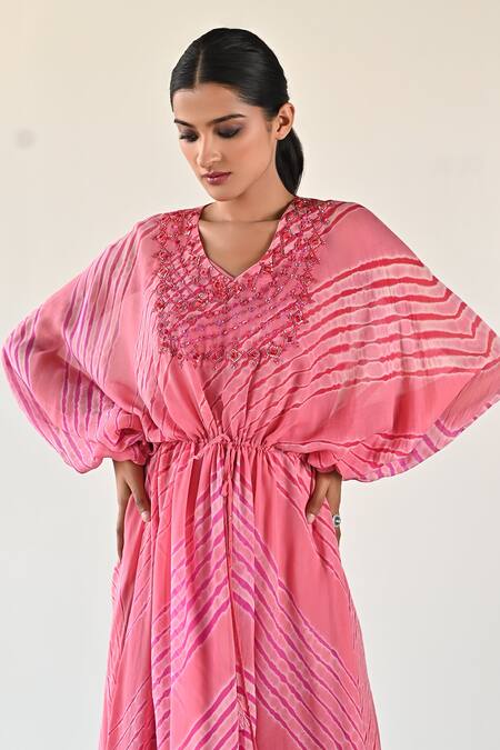 Shop_K-Anshika_Pink Georgette Beads, Sequins V-neck Wave Pattern Gathered Dress _Online_at_Aza_Fashions