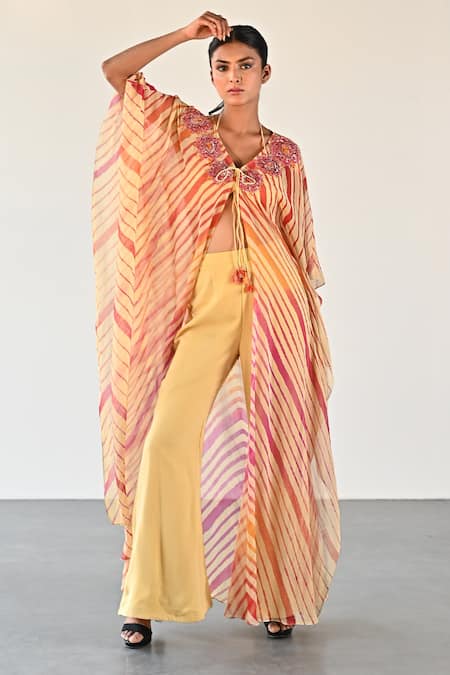 K-Anshika_Yellow Georgette Beads, Sequins V-neck, Halter Stripe Pattern Jacket Pant Set _Online_at_Aza_Fashions