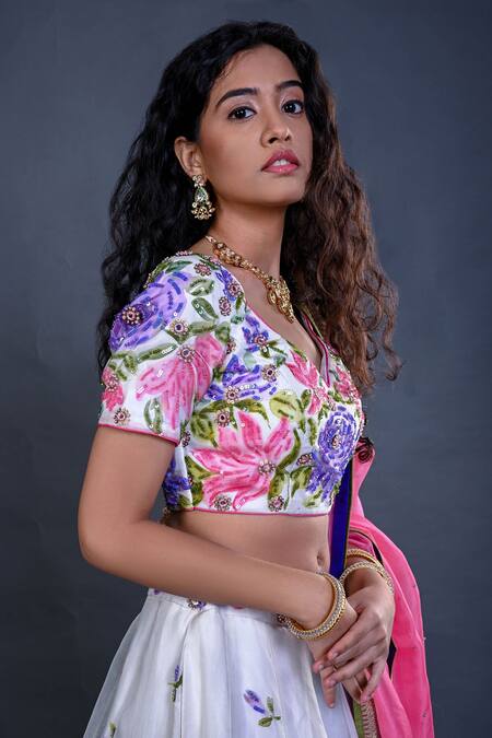 Buy_Priti Sahni_Ivory Organza Pearls, Sequins, Gota Patti Hand Painted Floral Bridal Lehenga _Online_at_Aza_Fashions