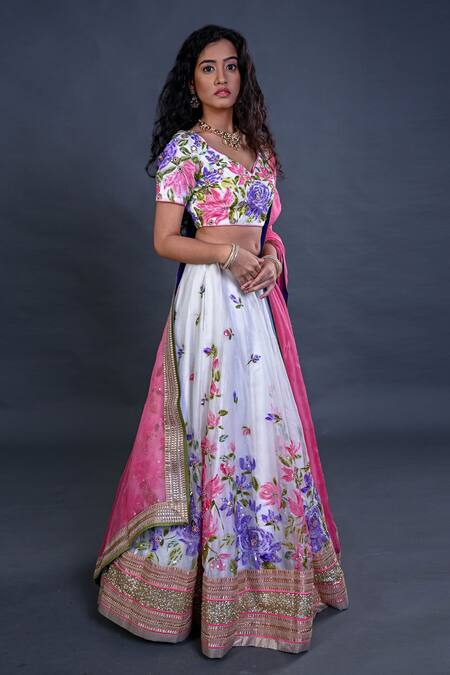 Shop_Priti Sahni_Ivory Organza Pearls, Sequins, Gota Patti Hand Painted Floral Bridal Lehenga _Online_at_Aza_Fashions