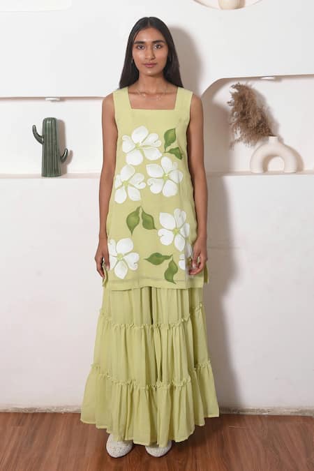 Meghstudio_Green Georgette, Chiffon Blooming Floral Hand Painted Kurta Sharara Set _Online_at_Aza_Fashions