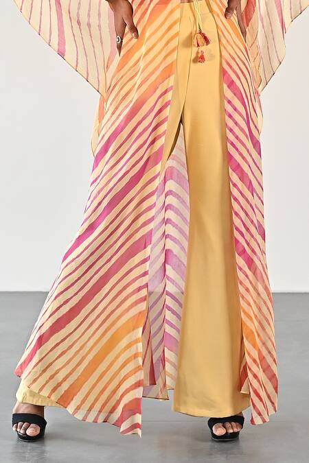 Buy_K-Anshika_Yellow Georgette Beads, Sequins V-neck, Halter Stripe Pattern Jacket Pant Set _Online_at_Aza_Fashions
