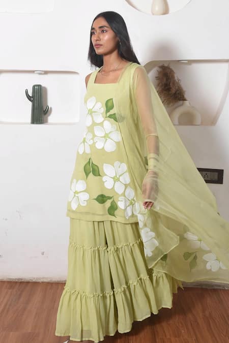 Buy_Meghstudio_Green Georgette, Chiffon Blooming Floral Hand Painted Kurta Sharara Set _Online_at_Aza_Fashions