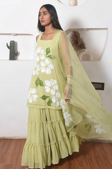 Shop_Meghstudio_Green Georgette, Chiffon Blooming Floral Hand Painted Kurta Sharara Set _Online_at_Aza_Fashions