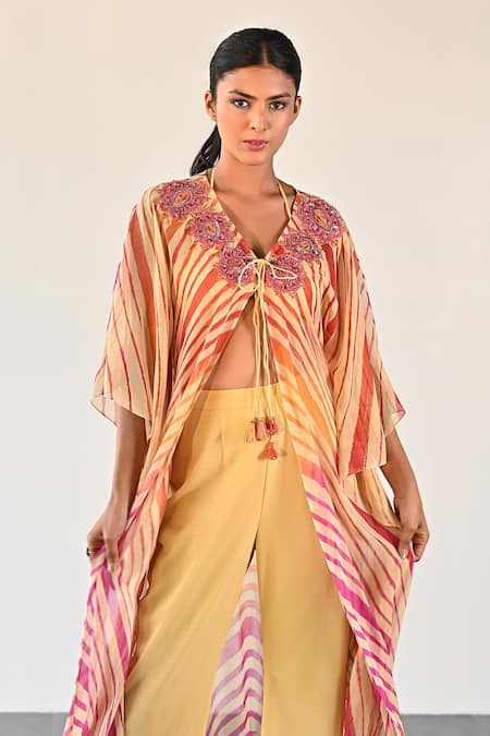 Shop_K-Anshika_Yellow Georgette Beads, Sequins V-neck, Halter Stripe Pattern Jacket Pant Set _Online_at_Aza_Fashions
