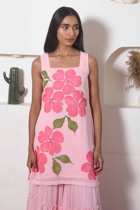 Meghstudio_Pink Georgette, Chiffon Embroidery, Hand Painted Floral Kurta Sharara Set _Online_at_Aza_Fashions