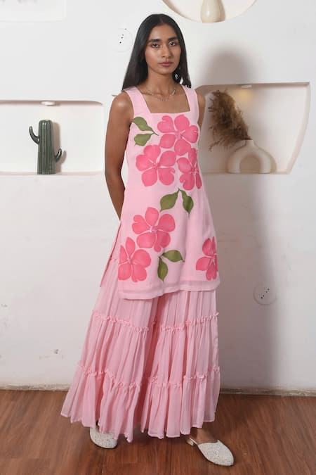 Buy_Meghstudio_Pink Georgette, Chiffon Embroidery, Hand Painted Floral Kurta Sharara Set _Online_at_Aza_Fashions