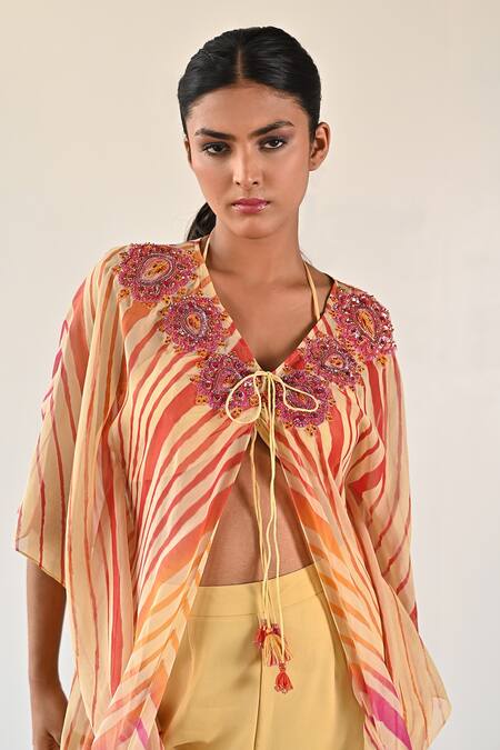 K-Anshika_Yellow Georgette Beads, Sequins V-neck, Halter Stripe Pattern Jacket Pant Set _at_Aza_Fashions