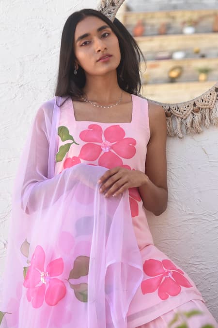 Meghstudio_Pink Georgette, Chiffon Embroidery, Hand Painted Floral Kurta Sharara Set _at_Aza_Fashions