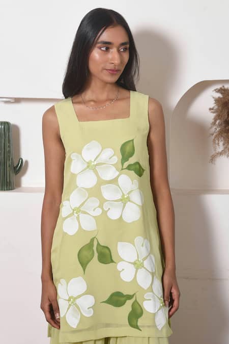Meghstudio_Green Georgette, Chiffon Blooming Floral Hand Painted Kurta Sharara Set _at_Aza_Fashions