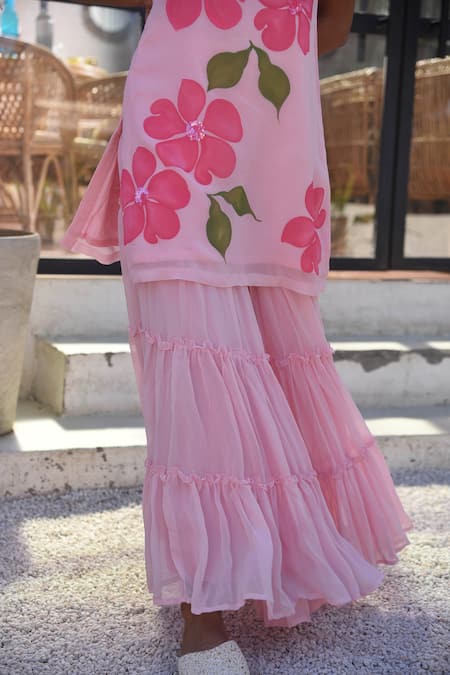Buy_Meghstudio_Pink Georgette, Chiffon Embroidery, Hand Painted Floral Kurta Sharara Set 