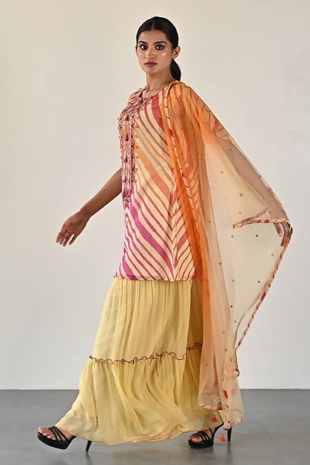 K-Anshika_Yellow Georgette Chevron Pattern And Embellished Beads Round Kurta Sharara Set _Online_at_Aza_Fashions