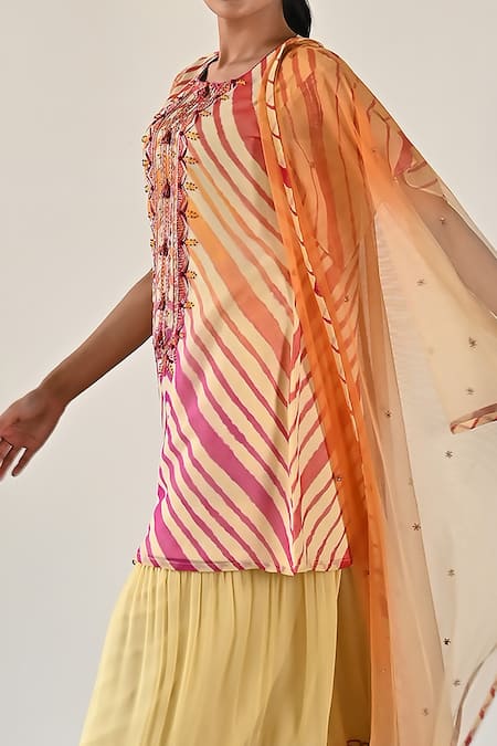 Shop K-Anshika Yellow Georgette Chevron Pattern And Embellished Beads Round Kurta Sharara Set Online at Aza Fashions Shop_K-Anshika_Yellow Georgette Chevron Pattern And Embellished Beads Round Kurta Sharara Set _Online_at_Aza_Fashions