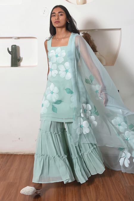 Shop_Meghstudio_Blue Georgette, Chiffon Embroidery, Floral Hand Painted Kurta Sharara Set _Online_at_Aza_Fashions