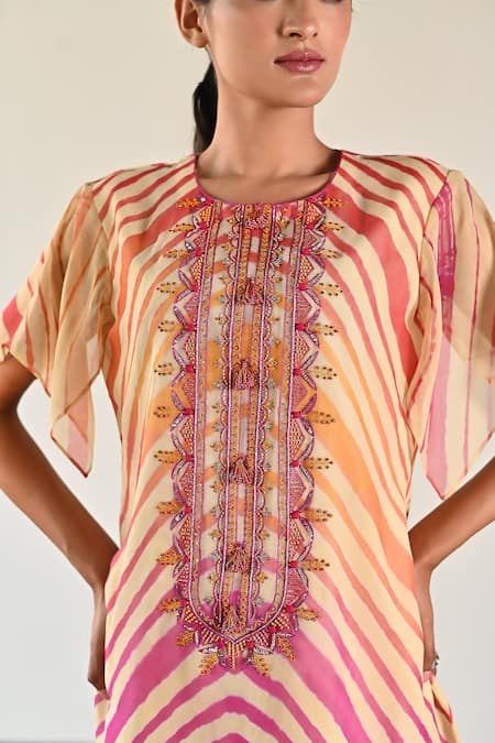 Buy_K-Anshika_Yellow Georgette Chevron Pattern And Embellished Beads Round Kurta Sharara Set _Online_at_Aza_Fashions