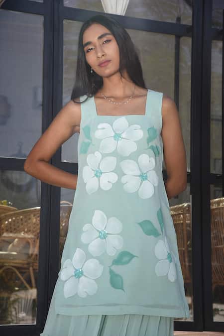 Buy_Meghstudio_Blue Georgette, Chiffon Embroidery, Floral Hand Painted Kurta Sharara Set 