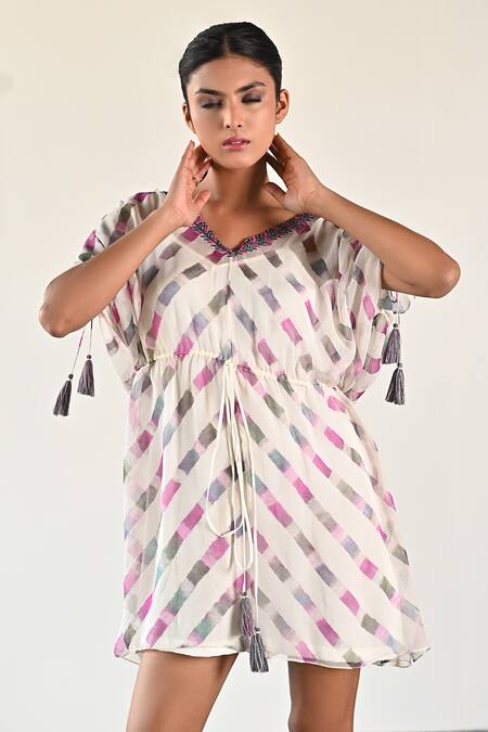 Shop_K-Anshika_Off White Georgette Beads, Sequins V-neck Leheriya Pattern Draped Sleeve Dress _Online_at_Aza_Fashions