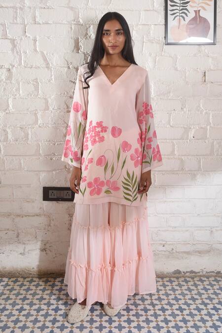 Meghstudio_Pink Georgette, Chiffon Embroidery, Floral Kyari Hand Painted Kurta Sharara Set _Online_at_Aza_Fashions