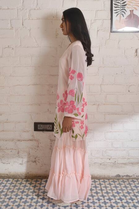 Buy_Meghstudio_Pink Georgette, Chiffon Embroidery, Floral Kyari Hand Painted Kurta Sharara Set _Online_at_Aza_Fashions