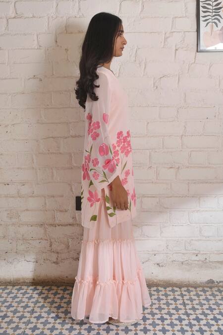 Shop_Meghstudio_Pink Georgette, Chiffon Embroidery, Floral Kyari Hand Painted Kurta Sharara Set _Online_at_Aza_Fashions
