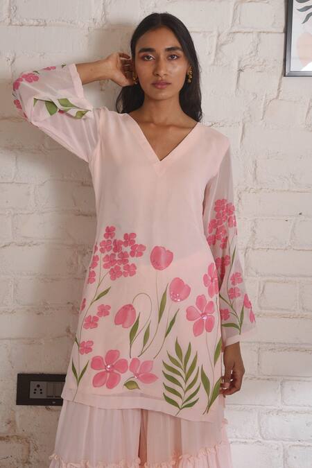 Meghstudio_Pink Georgette, Chiffon Embroidery, Floral Kyari Hand Painted Kurta Sharara Set _at_Aza_Fashions