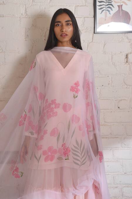 Shop_Meghstudio_Pink Georgette, Chiffon Embroidery, Floral Kyari Hand Painted Kurta Sharara Set 