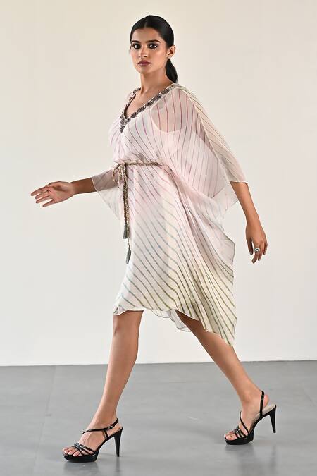 Buy_K-Anshika_Off White Georgette Leheriya Pattern And Embellished Beads Dress V Neck Tunic _Online_at_Aza_Fashions