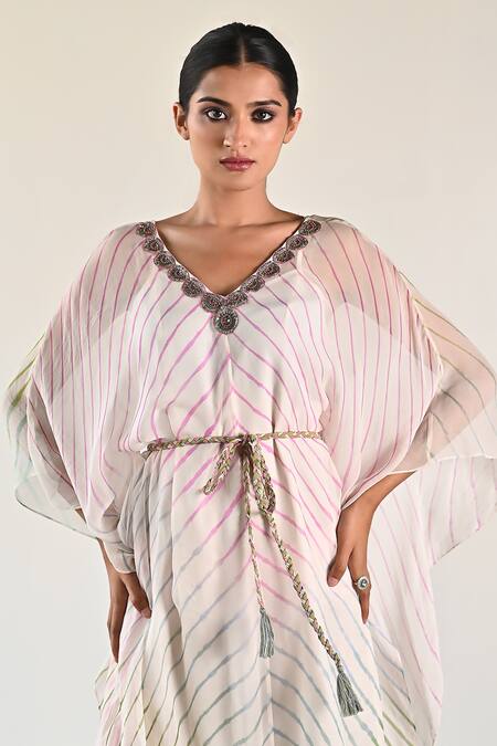 Shop_K-Anshika_Off White Georgette Leheriya Pattern And Embellished Beads Dress V Neck Tunic _Online_at_Aza_Fashions