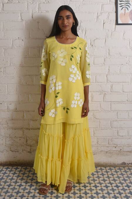 Meghstudio_Yellow Georgette, Chiffon Pearls Hand Painted Floral Dogwood Kurta Sharara Set _Online_at_Aza_Fashions