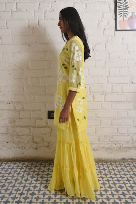 Buy_Meghstudio_Yellow Georgette, Chiffon Pearls Hand Painted Floral Dogwood Kurta Sharara Set _Online_at_Aza_Fashions