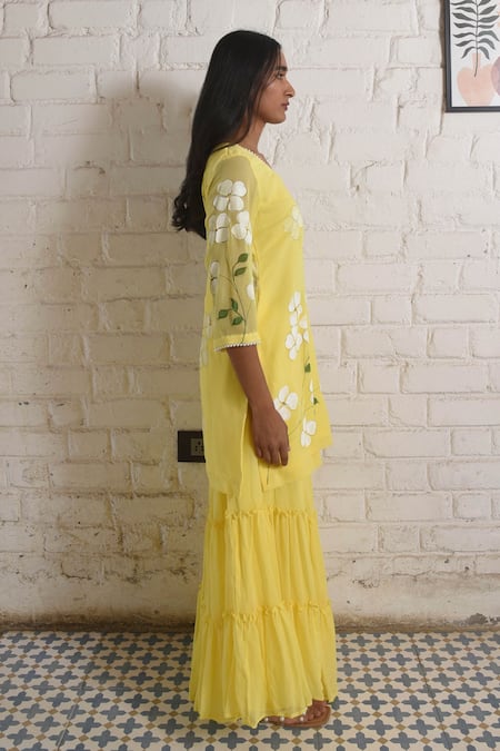 Shop_Meghstudio_Yellow Georgette, Chiffon Pearls Hand Painted Floral Dogwood Kurta Sharara Set _Online_at_Aza_Fashions