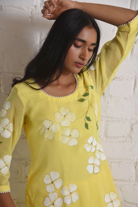 Meghstudio_Yellow Georgette, Chiffon Pearls Hand Painted Floral Dogwood Kurta Sharara Set _at_Aza_Fashions
