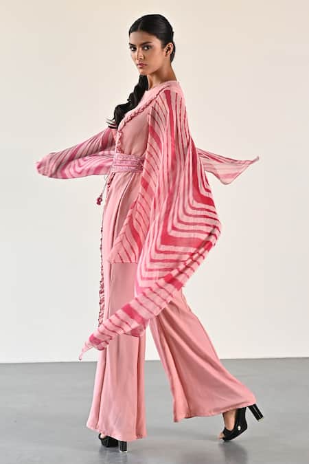 K-Anshika_Peach Georgette Round Neck Leheriya Pattern Cape Sleeve Jumpsuit _Online_at_Aza_Fashions