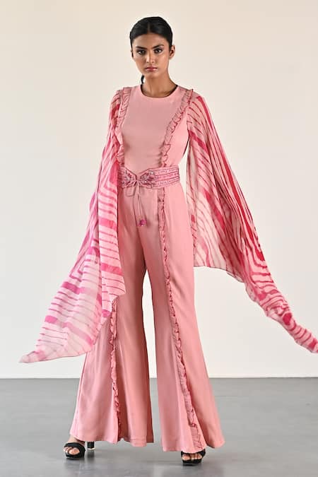 Shop_K-Anshika_Peach Georgette Round Neck Leheriya Pattern Cape Sleeve Jumpsuit _Online_at_Aza_Fashions