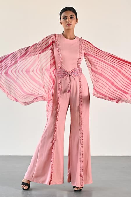 K-Anshika_Peach Georgette Round Neck Leheriya Pattern Cape Sleeve Jumpsuit _at_Aza_Fashions