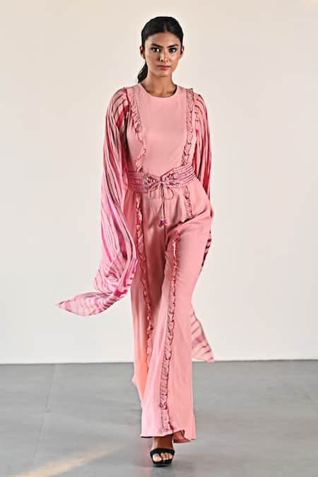 Shop_K-Anshika_Peach Georgette Round Neck Leheriya Pattern Cape Sleeve Jumpsuit 