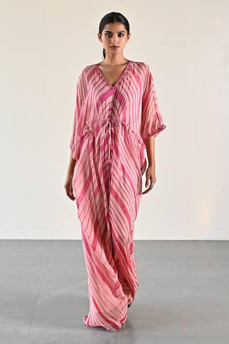 Buy_K-Anshika_Peach Georgette Wave Pattern And Embellished Beads Tunic V Neck Set _Online_at_Aza_Fashions