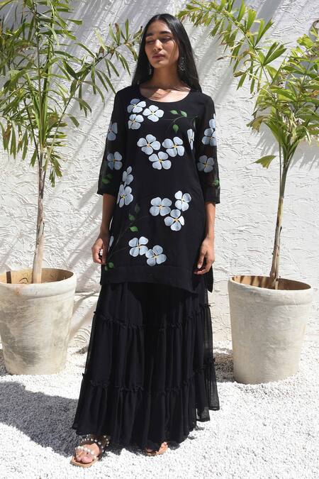 Meghstudio_Black Georgette, Chiffon Pearls Floral Hand Painted Dogwood Kurta Sharara Set _Online_at_Aza_Fashions
