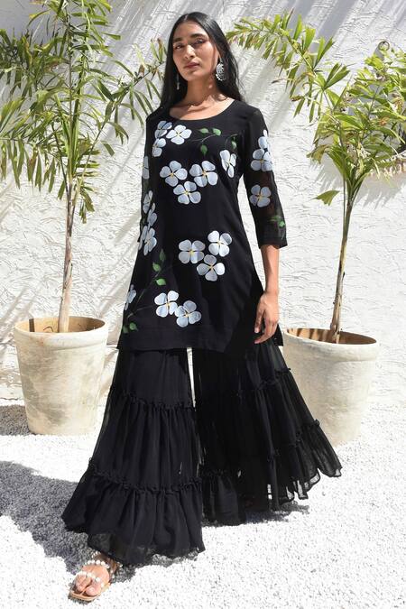 Meghstudio_Black Georgette, Chiffon Pearls Floral Hand Painted Dogwood Kurta Sharara Set _at_Aza_Fashions