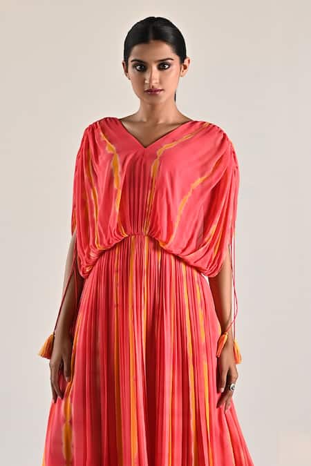 K-Anshika_Peach Georgette V-neck Stripe Pattern Pleated Dress _Online_at_Aza_Fashions