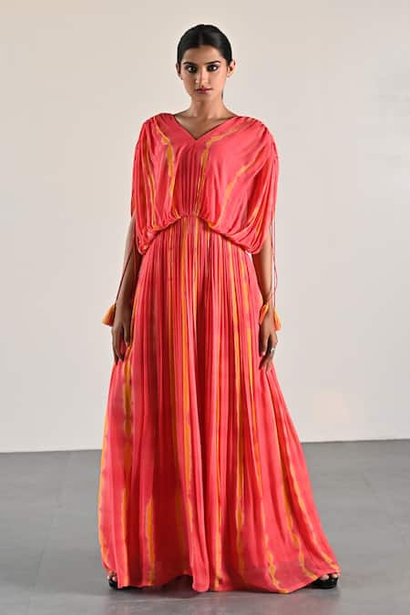 Buy_K-Anshika_Peach Georgette V-neck Stripe Pattern Pleated Dress _Online_at_Aza_Fashions
