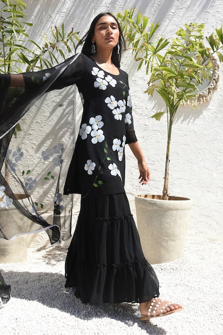 Buy_Meghstudio_Black Georgette, Chiffon Pearls Floral Hand Painted Dogwood Kurta Sharara Set 