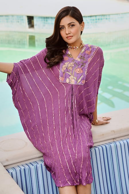 Palak & Mehak_Purple Rayon, Crepe, Lurex Embroidery V-neck Aaliyah Stripe Pattern Kaftan Dress _at_Aza_Fashions