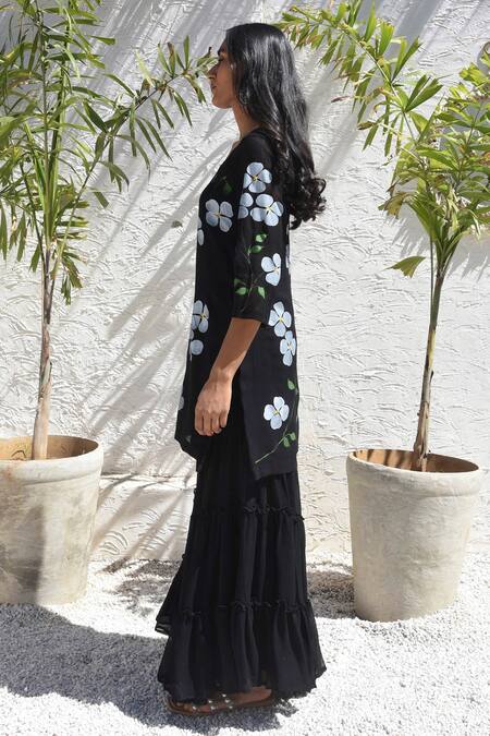 Shop_Meghstudio_Black Georgette, Chiffon Pearls Floral Hand Painted Dogwood Kurta Sharara Set 