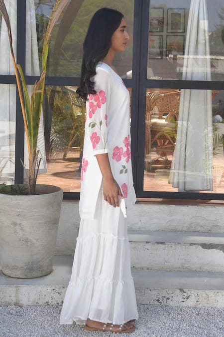 Shop_Meghstudio_White Georgette Pearls Round Neck Hand Painted Dogwood Flower Kurta Sharara Set _Online_at_Aza_Fashions