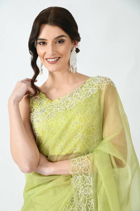 Shop Mehar Yellow Organza Beads Flower Bloom Hand Embroidered Saree Online at Aza Fashions Shop_Mehar_Yellow Organza Beads Flower Bloom Hand Embroidered Saree _Online_at_Aza_Fashions
